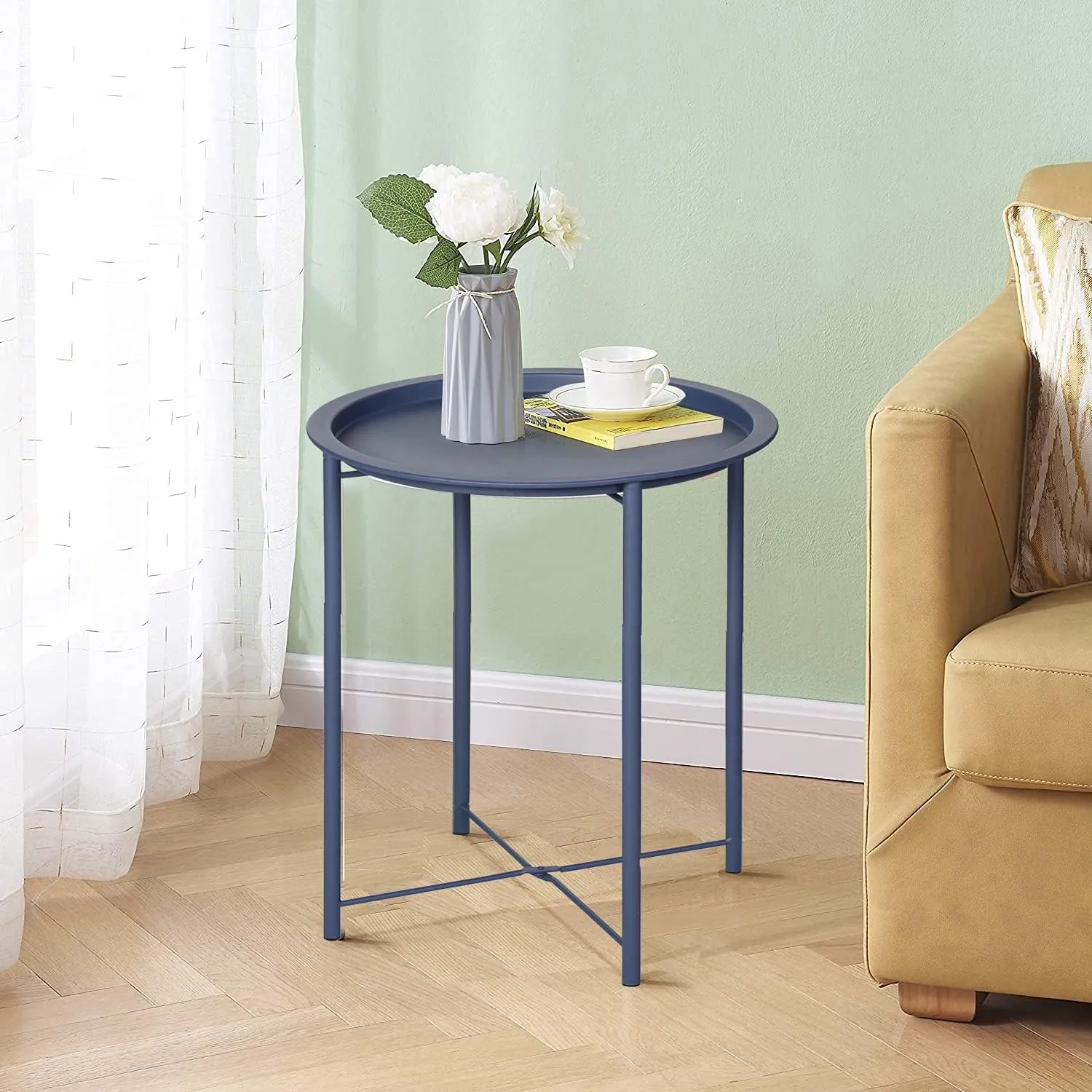 VECELO Side/End Table, Folding Round Metal Anti-Rust and Waterproof Outdoor or Indoor Tray for Living Room Bedroom Balcony and Office, 1 PCS, Blue