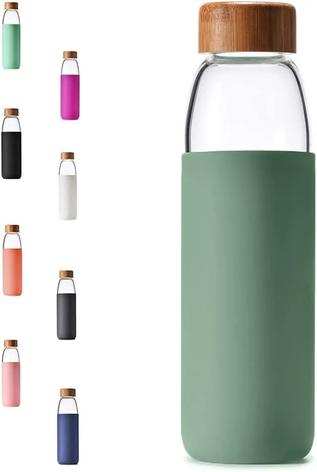veegoal 25 Oz Borosilicate Glass Water Bottles with Bamboo Lid, BPA-FREE, Non-Slip Silicone Sleeve, and Stainless Steel Leak Proof Lid - Reusable Glass Bottle for Men and Women