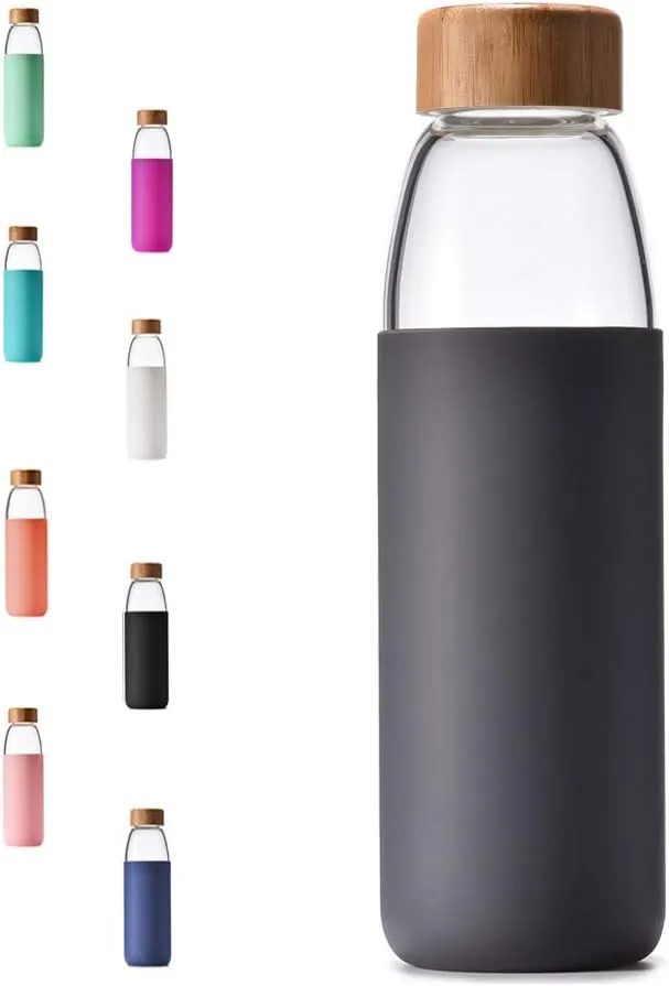 veegoal 25 Oz Borosilicate Glass Water Bottles with Bamboo Lid, BPA-FREE, Non-Slip Silicone Sleeve, and Stainless Steel Leak Proof Lid - Reusable Glass Bottle for Men and Women