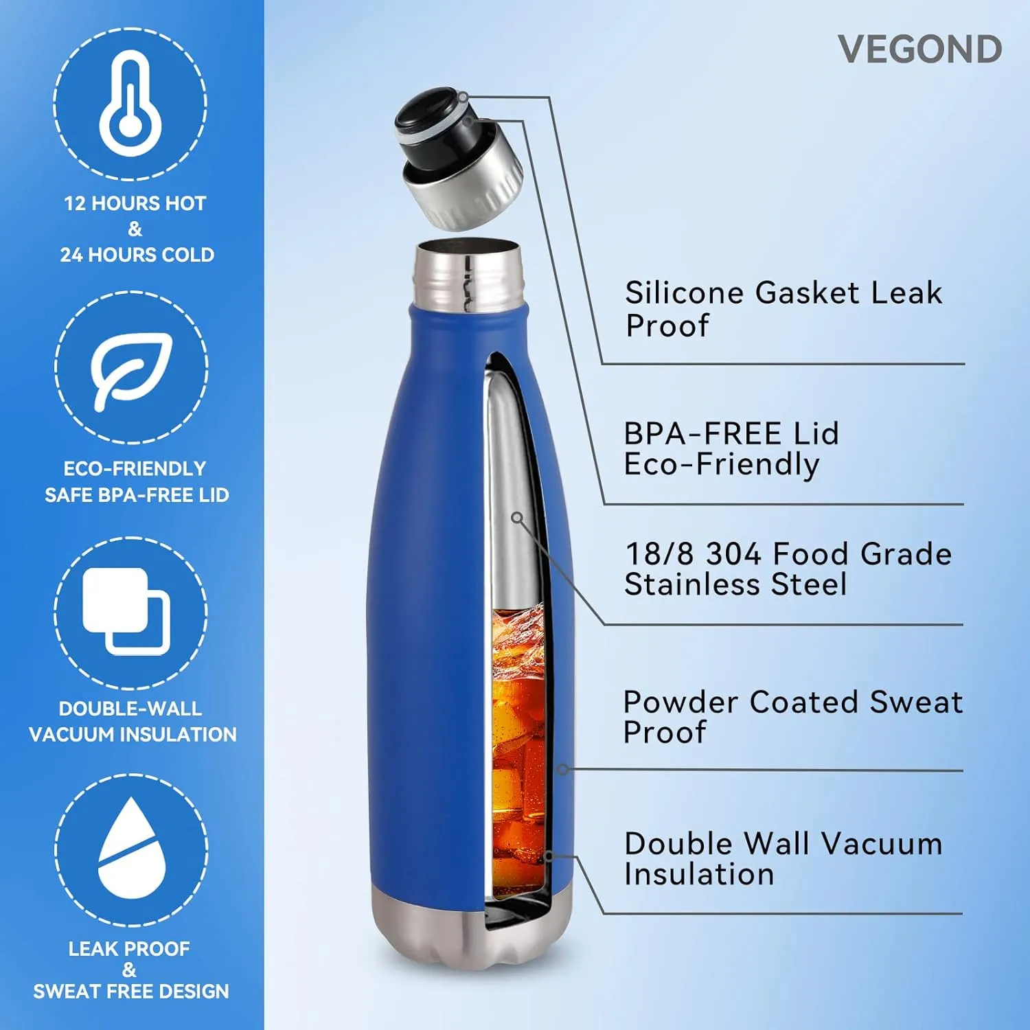 VEGOND 17oz Stainless Steel Water Bottles Bulk, Reusable Metal Sports Water Bottle Keeps Drink Hot and Cold, BPA Free Double Wall Vacuum Cola Shape Insulated Water Bottles for Camping Gym, 8 Pack