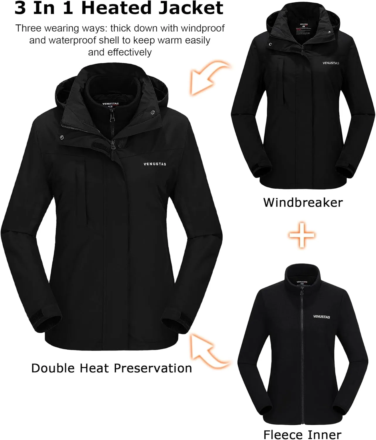 Venustas Women’s 3-in-1 Heated Jacket with Battery, Waterproof Jacket with Hood for Skiing