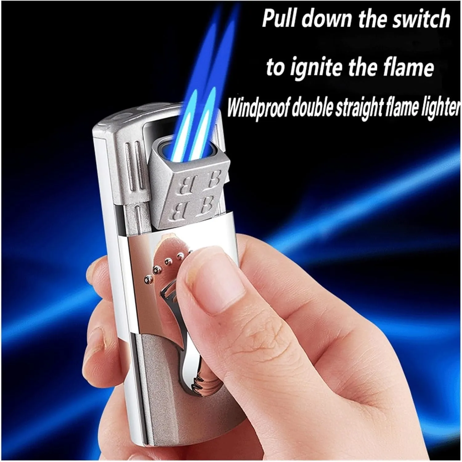 Vintage Metal Windproof Dual Flame Butane Lighter, Adjustable Flame Lighter, Refillable Gas, Suitable for Outdoor Camping Travel (Fuel Not Included)(Silver2)
