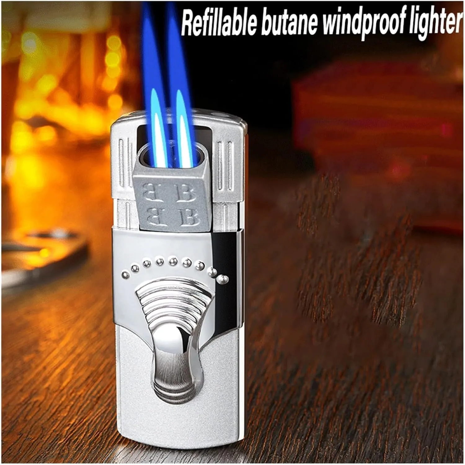 Vintage Metal Windproof Dual Flame Butane Lighter, Adjustable Flame Lighter, Refillable Gas, Suitable for Outdoor Camping Travel (Fuel Not Included)(Silver2)
