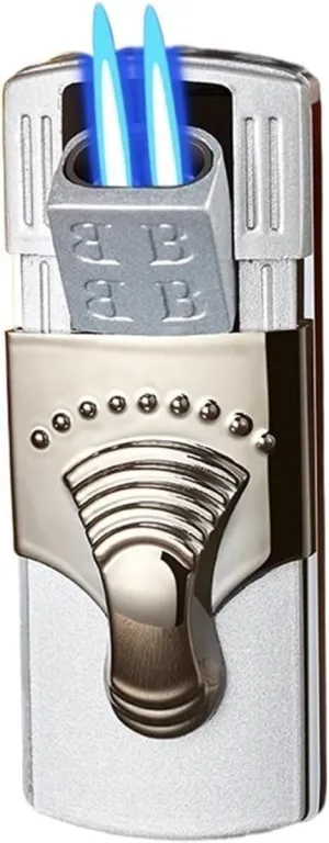 Vintage Metal Windproof Dual Flame Butane Lighter, Adjustable Flame Lighter, Refillable Gas, Suitable for Outdoor Camping Travel (Fuel Not Included)(Silver2)