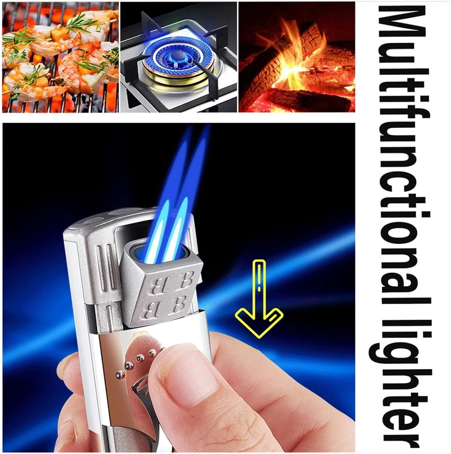 Vintage Metal Windproof Dual Flame Butane Lighter, Adjustable Flame Lighter, Refillable Gas, Suitable for Outdoor Camping Travel (Fuel Not Included)(Silver2)