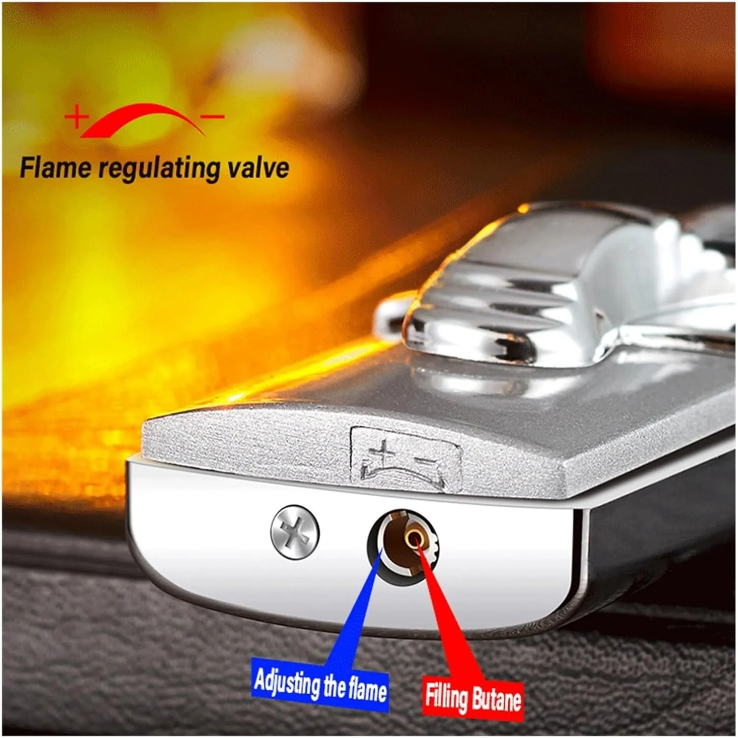 Vintage Metal Windproof Dual Flame Butane Lighter, Adjustable Flame Lighter, Refillable Gas, Suitable for Outdoor Camping Travel (Fuel Not Included)(Silver2)