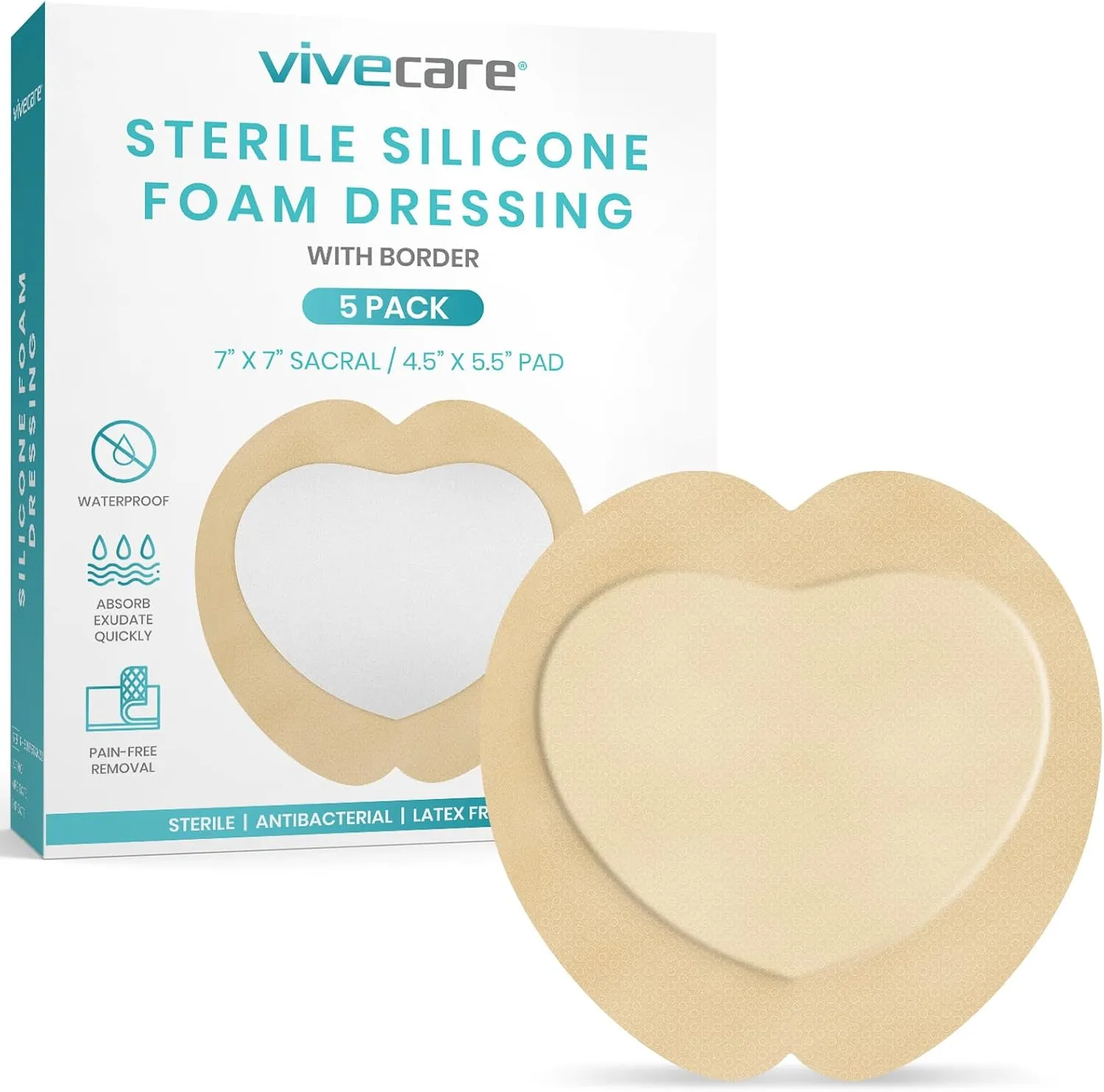 ViveCare Sacral Silicone Foam Dressing 7x7 With Border Adhesive - Bed Sore Bandage - Silicone Bordered Sacral Pad - Pressure Sore & Ulcer Patches (5 Pack)