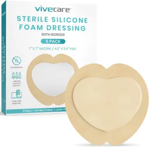 ViveCare Sacral Silicone Foam Dressing 7x7 With Border Adhesive - Bed Sore Bandage - Silicone Bordered Sacral Pad - Pressure Sore & Ulcer Patches (5 Pack)