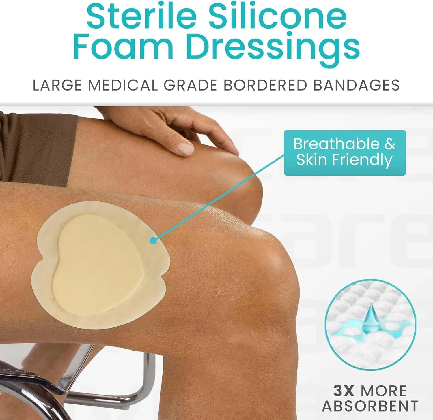 ViveCare Sacral Silicone Foam Dressing 7x7 With Border Adhesive - Bed Sore Bandage - Silicone Bordered Sacral Pad - Pressure Sore & Ulcer Patches (5 Pack)