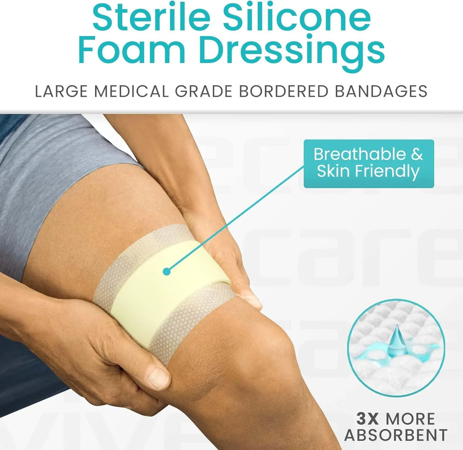ViveCare Silicone Foam Dressing 4x8 with Border Adhesive - Bed Sore Bandage Foam Wound Dressing - Silicone Bordered Foam Dressing with Adhesive Border - Pressure Sore & Ulcer Wound Patches (5 Pack)