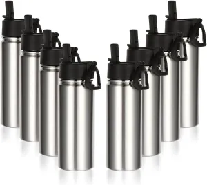 Volhoply 18oz Insulated Water Bottle Bulk 8 Pack,Kids Stainless Steel Water Bottles with Straw,Reusable Metal Thermos Water Bottle,Double Wall Vacuum Sports Water Flask For Cold Drink(Silver,8 Set)