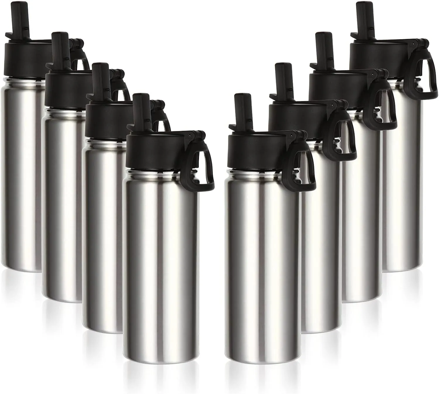 Volhoply 18oz Insulated Water Bottle Bulk 8 Pack,Kids Stainless Steel Water Bottles with Straw,Reusable Metal Thermos Water Bottle,Double Wall Vacuum Sports Water Flask For Cold Drink(Silver,8 Set)