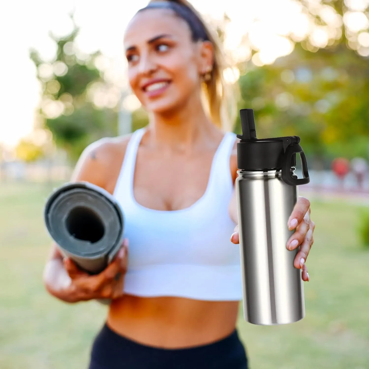 Volhoply 18oz Insulated Water Bottle Bulk 8 Pack,Kids Stainless Steel Water Bottles with Straw,Reusable Metal Thermos Water Bottle,Double Wall Vacuum Sports Water Flask For Cold Drink(Silver,8 Set)
