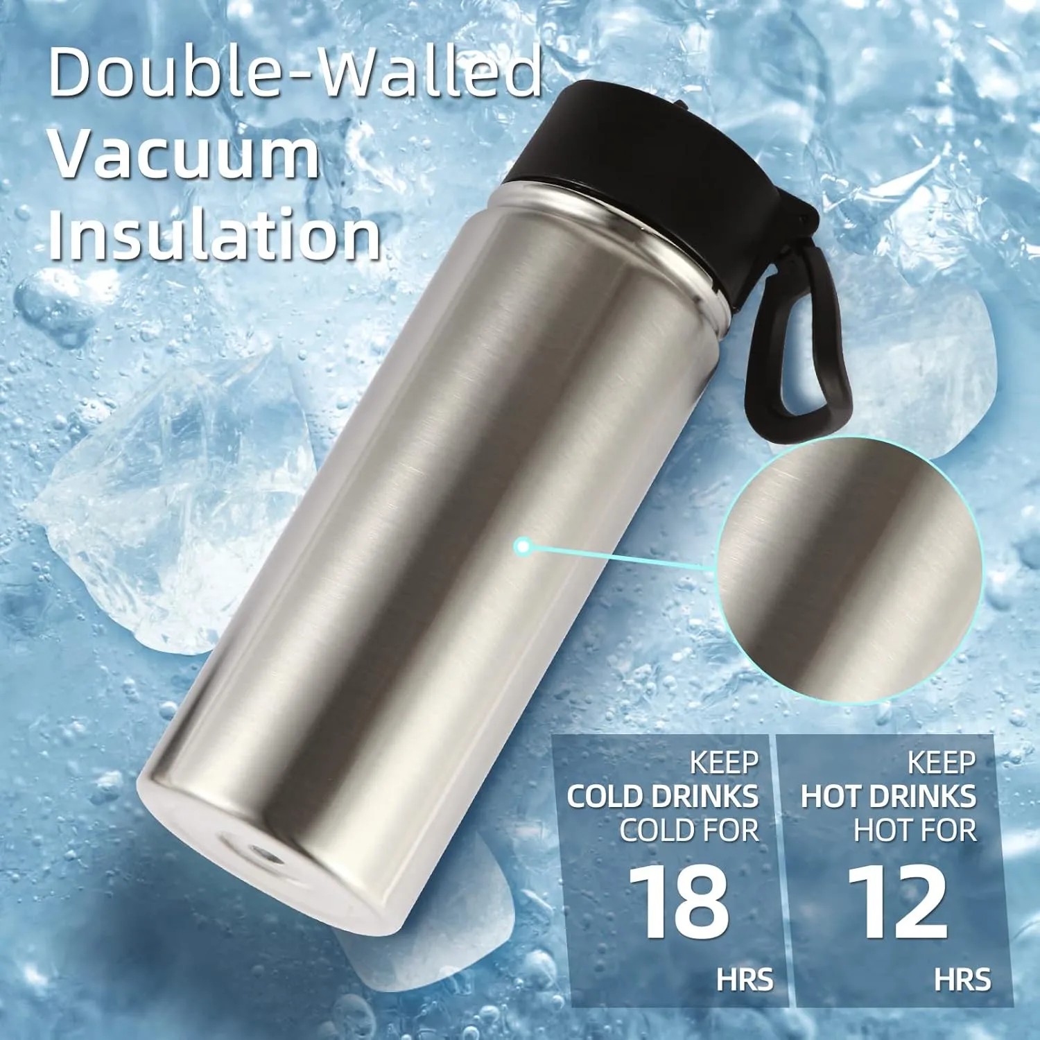 Volhoply 18oz Insulated Water Bottle Bulk 8 Pack,Kids Stainless Steel Water Bottles with Straw,Reusable Metal Thermos Water Bottle,Double Wall Vacuum Sports Water Flask For Cold Drink(Silver,8 Set)