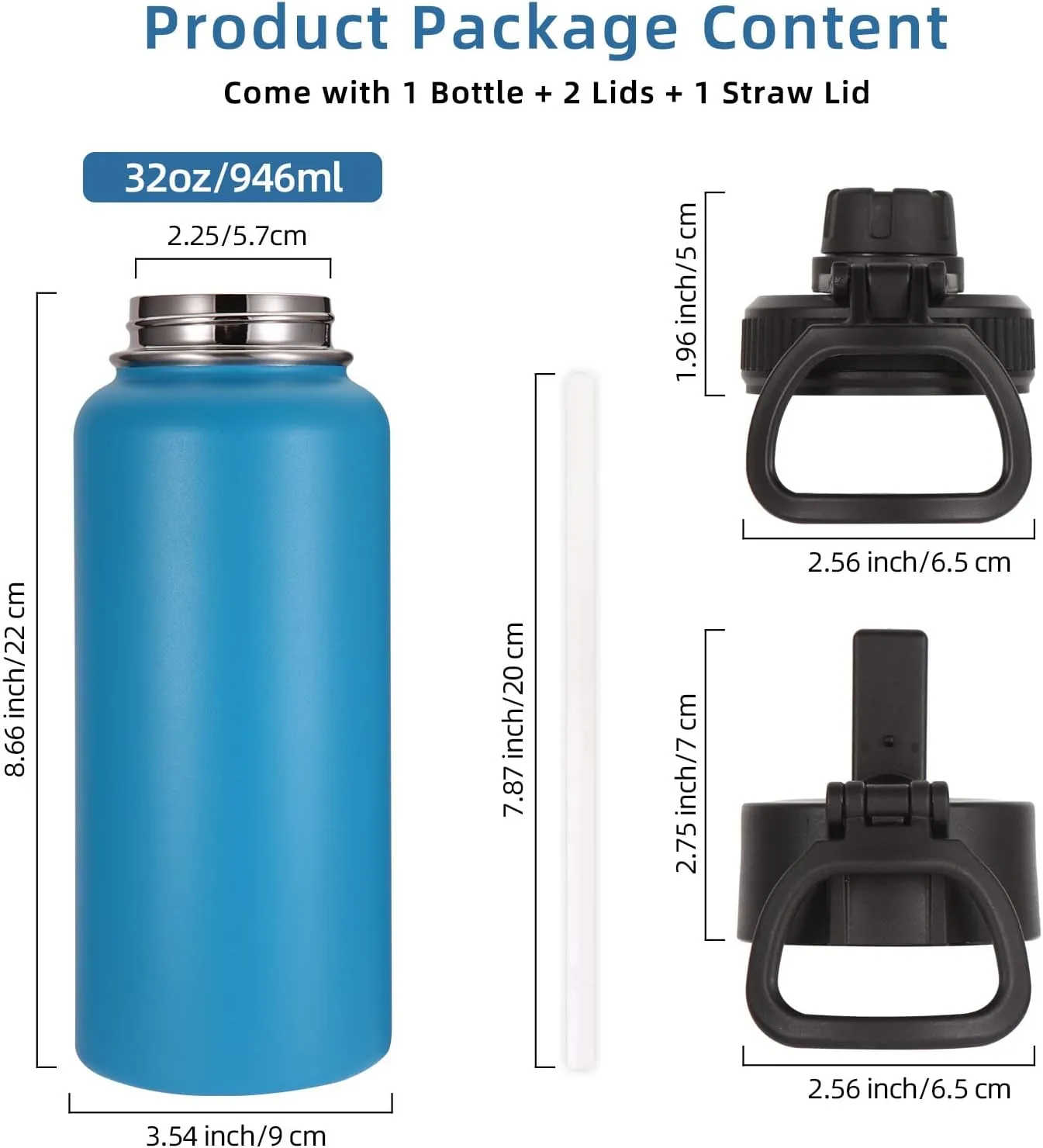 Volhoply 32 oz Insulated Water Bottles Bulk 2 Pack with Straw Lid & Spout Lid,Stainless Steel Sports Water Bottle,Double Wall Vacuum Cups,Leakproof Wide Mouth Metal Flask for Hiking,Camping(Blue,2)