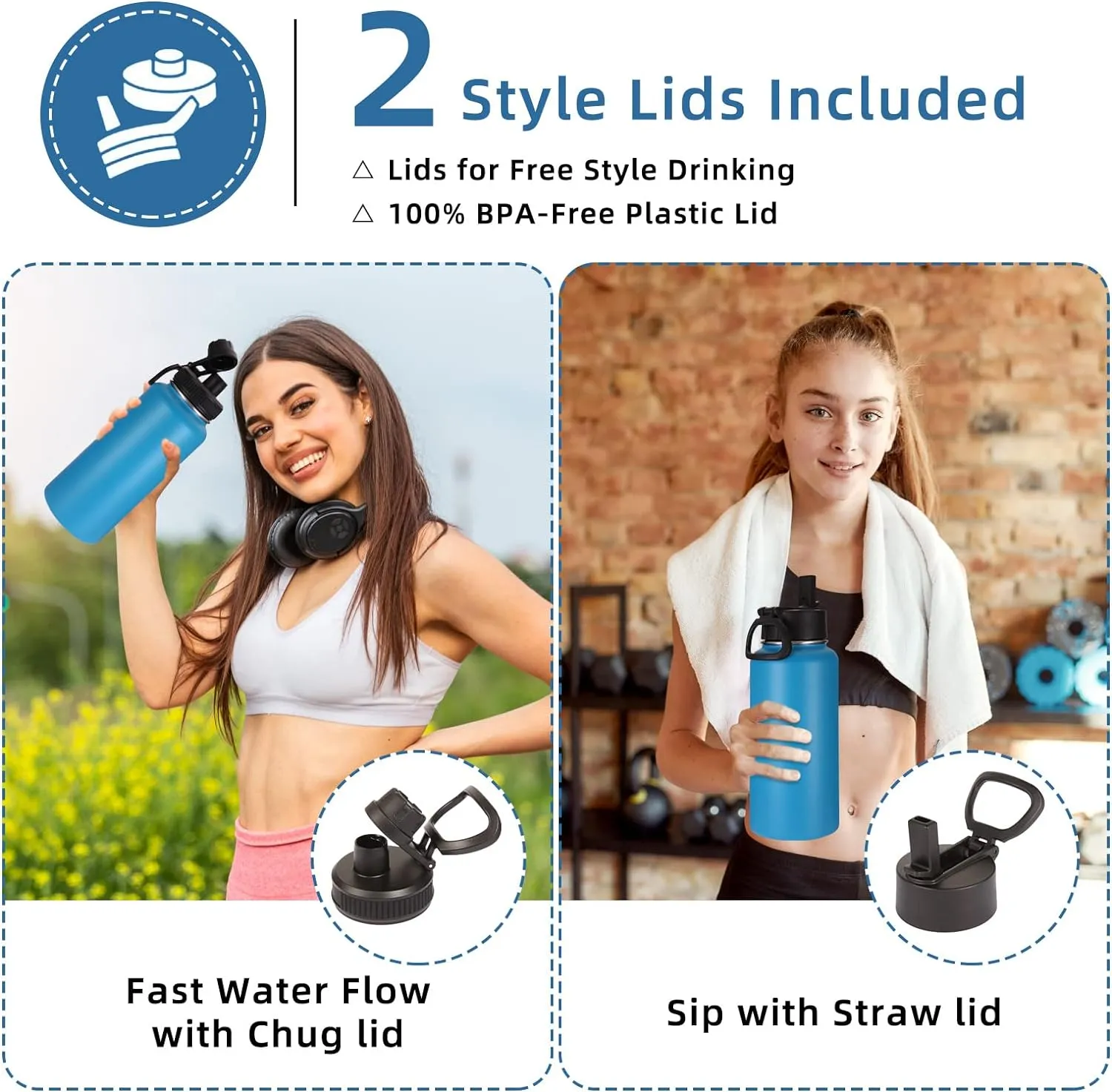 Volhoply 32 oz Insulated Water Bottles Bulk 2 Pack with Straw Lid & Spout Lid,Stainless Steel Sports Water Bottle,Double Wall Vacuum Cups,Leakproof Wide Mouth Metal Flask for Hiking,Camping(Blue,2)