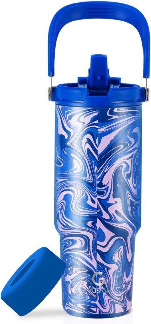 VUSIGN 30 oz Tumbler with Handle and Flip Straw, Stainless Steel Vacuum Insulated Water Bottle Travel Mug Thermal Cup for Home, Office, Car, Outdoors, Sports, Pool Swirl