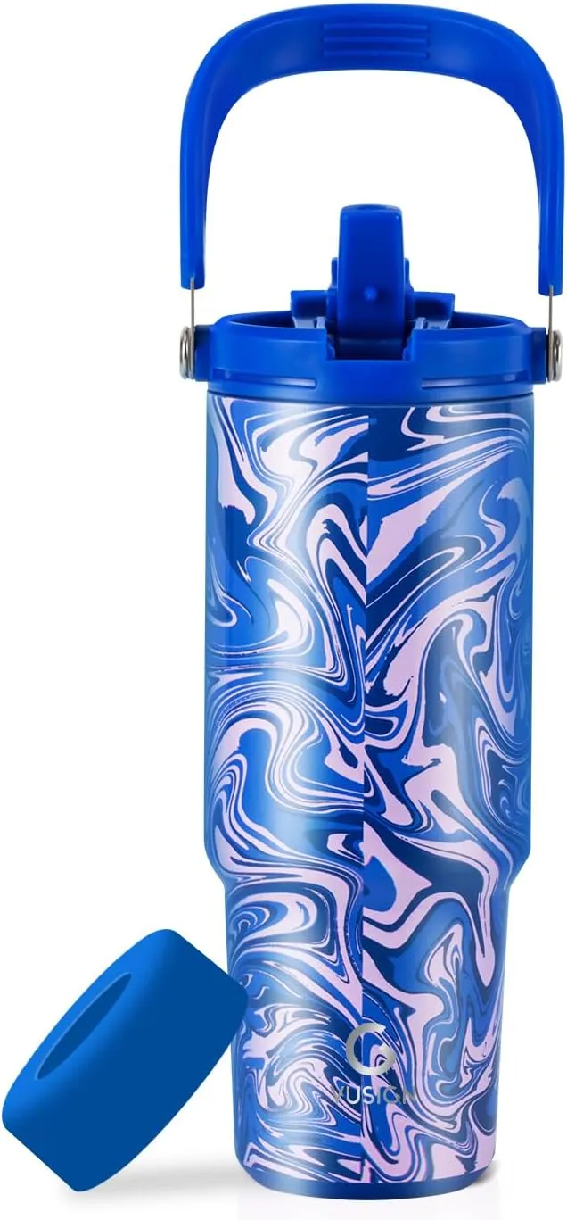 VUSIGN 30 oz Tumbler with Handle and Flip Straw, Stainless Steel Vacuum Insulated Water Bottle Travel Mug Thermal Cup for Home, Office, Car, Outdoors, Sports, Pool Swirl