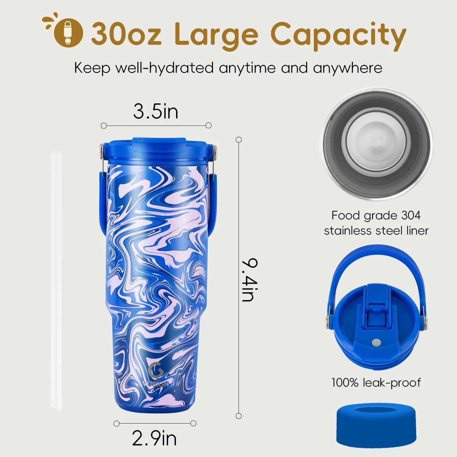 VUSIGN 30 oz Tumbler with Handle and Flip Straw, Stainless Steel Vacuum Insulated Water Bottle Travel Mug Thermal Cup for Home, Office, Car, Outdoors, Sports, Pool Swirl