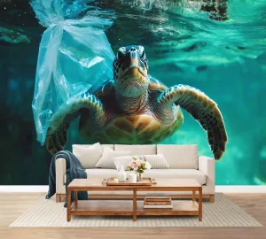 Wall Mural Wallpaper Turtle sea polluted Plastic Bag Removable Silk Wall Sticker Decor for Living Room Bedroom 100"x144" (Not Self-Adhesive Peel & Stick)