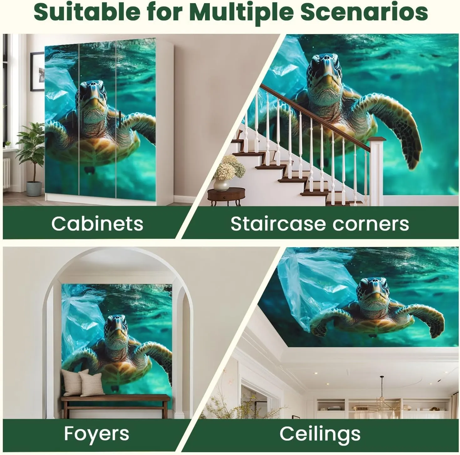 Wall Mural Wallpaper Turtle sea polluted Plastic Bag Removable Silk Wall Sticker Decor for Living Room Bedroom 100"x144" (Not Self-Adhesive Peel & Stick)