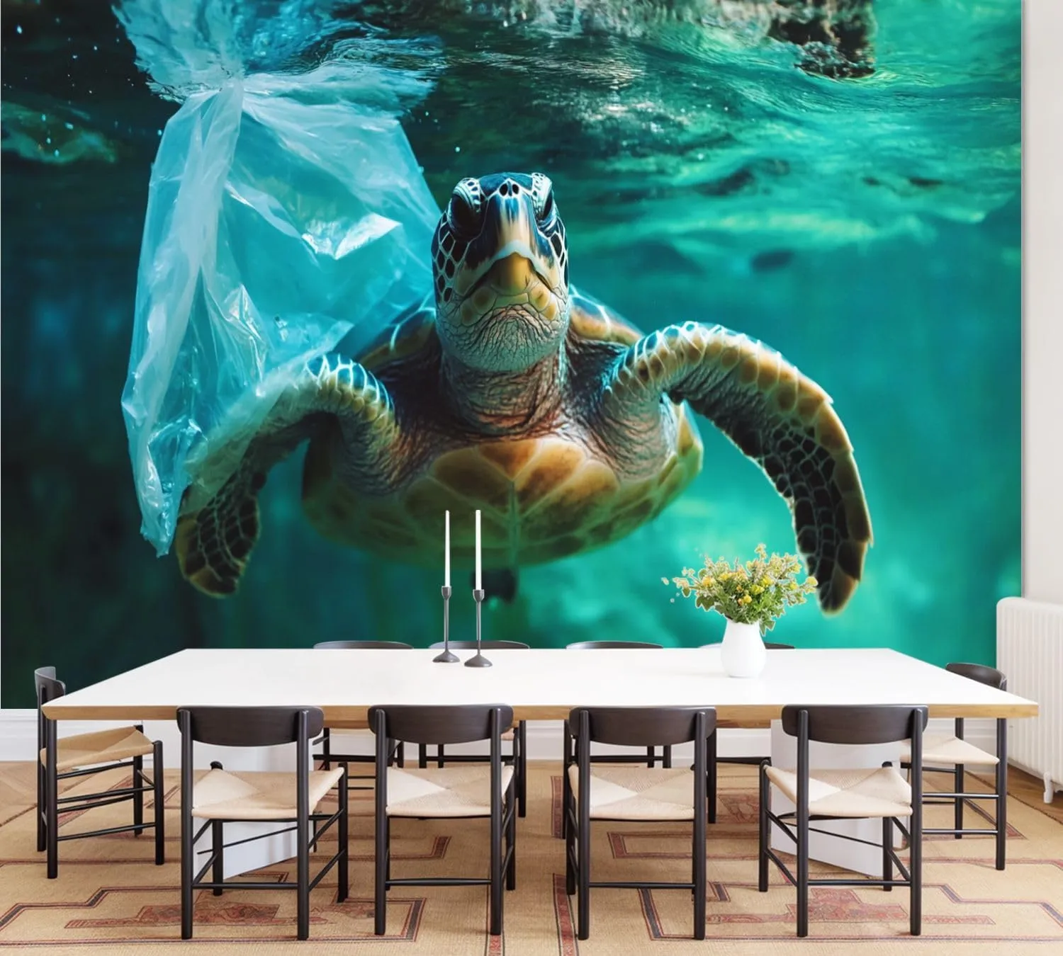 Wall Mural Wallpaper Turtle sea polluted Plastic Bag Removable Silk Wall Sticker Decor for Living Room Bedroom 100"x144" (Not Self-Adhesive Peel & Stick)