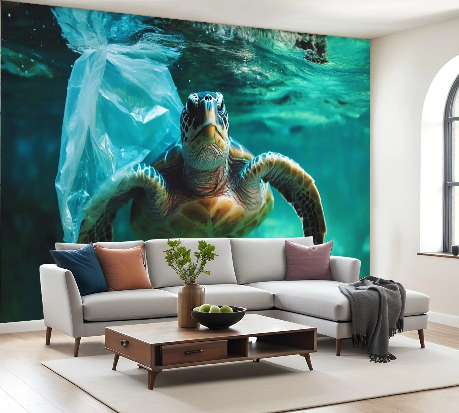 Wall Mural Wallpaper Turtle sea polluted Plastic Bag Removable Silk Wall Sticker Decor for Living Room Bedroom 100"x144" (Not Self-Adhesive Peel & Stick)