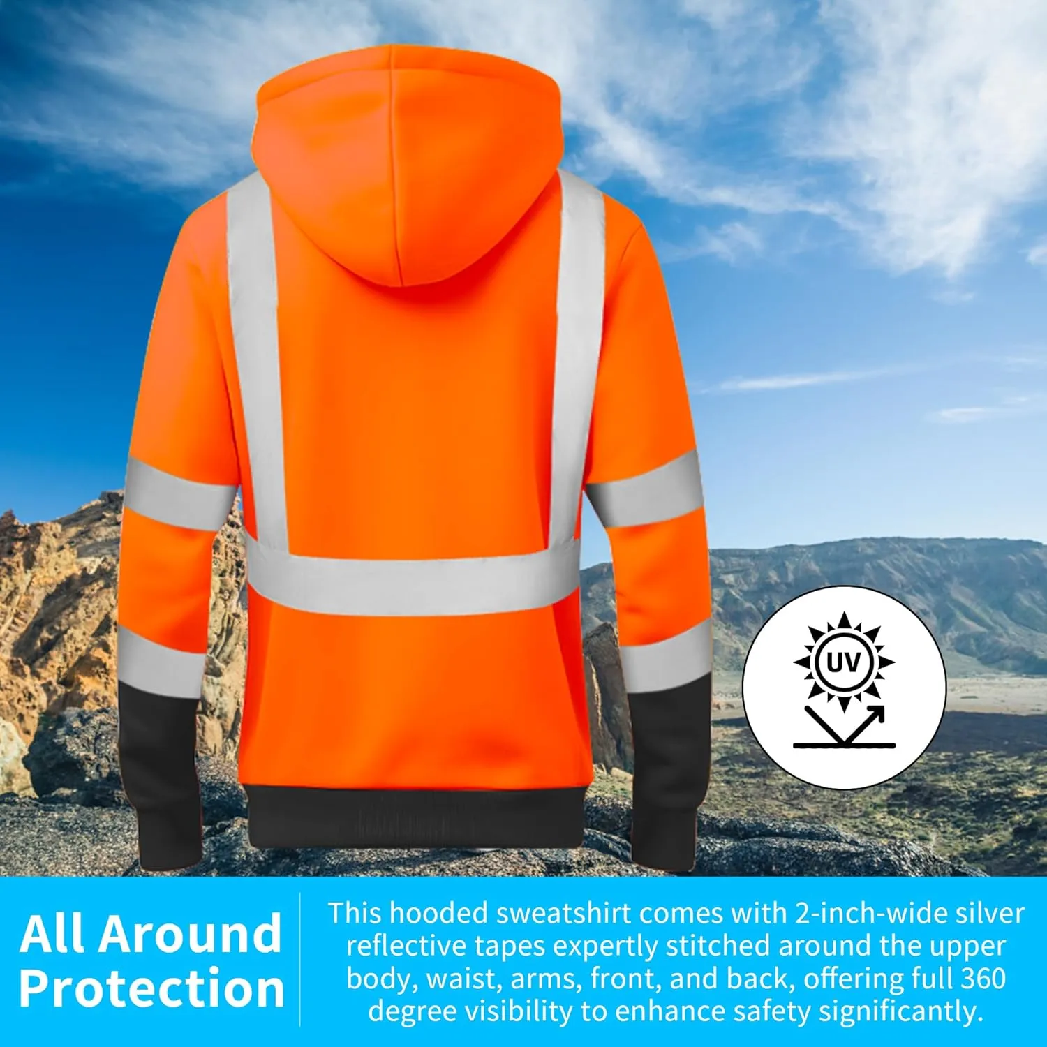 W&H High Visibility Warm Hoodie Class3 Hi Vis Reflective Construction Work Safety Sweatshirt with Pocket for Men Black Bottom