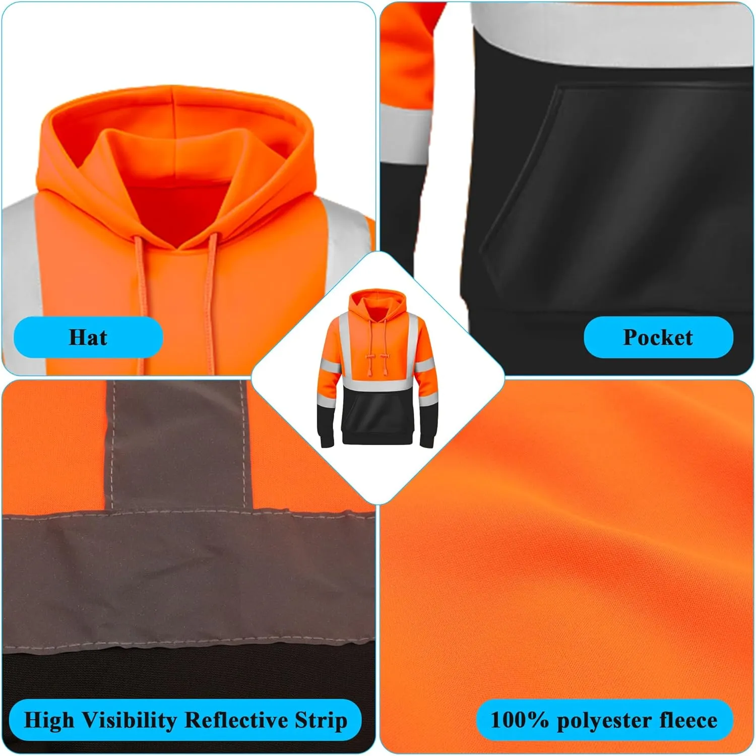 W&H High Visibility Warm Hoodie Class3 Hi Vis Reflective Construction Work Safety Sweatshirt with Pocket for Men Black Bottom