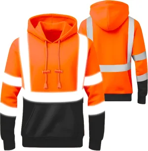 W&H High Visibility Warm Hoodie Class3 Hi Vis Reflective Construction Work Safety Sweatshirt with Pocket for Men Black Bottom