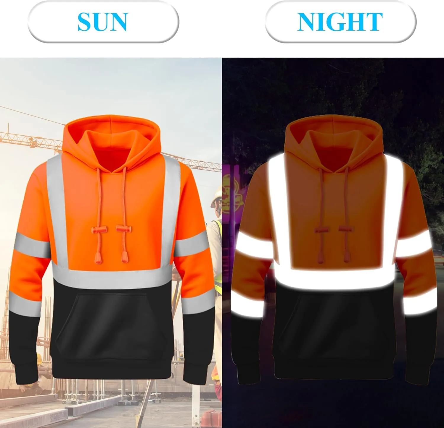 W&H High Visibility Warm Hoodie Class3 Hi Vis Reflective Construction Work Safety Sweatshirt with Pocket for Men Black Bottom