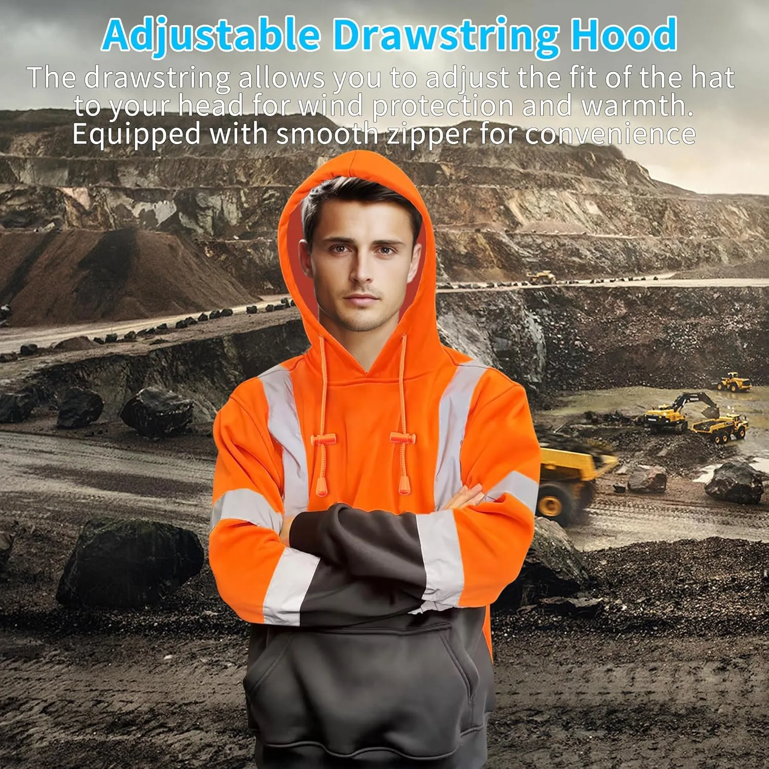 W&H High Visibility Warm Hoodie Class3 Hi Vis Reflective Construction Work Safety Sweatshirt with Pocket for Men Black Bottom