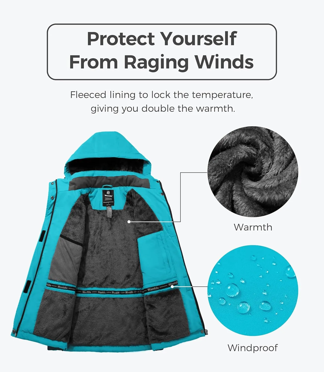 Wantdo Women's Waterproof Ski Jacket Warm Winter Coats Windproof Fleece Rain Jackets Outdoor Outwear