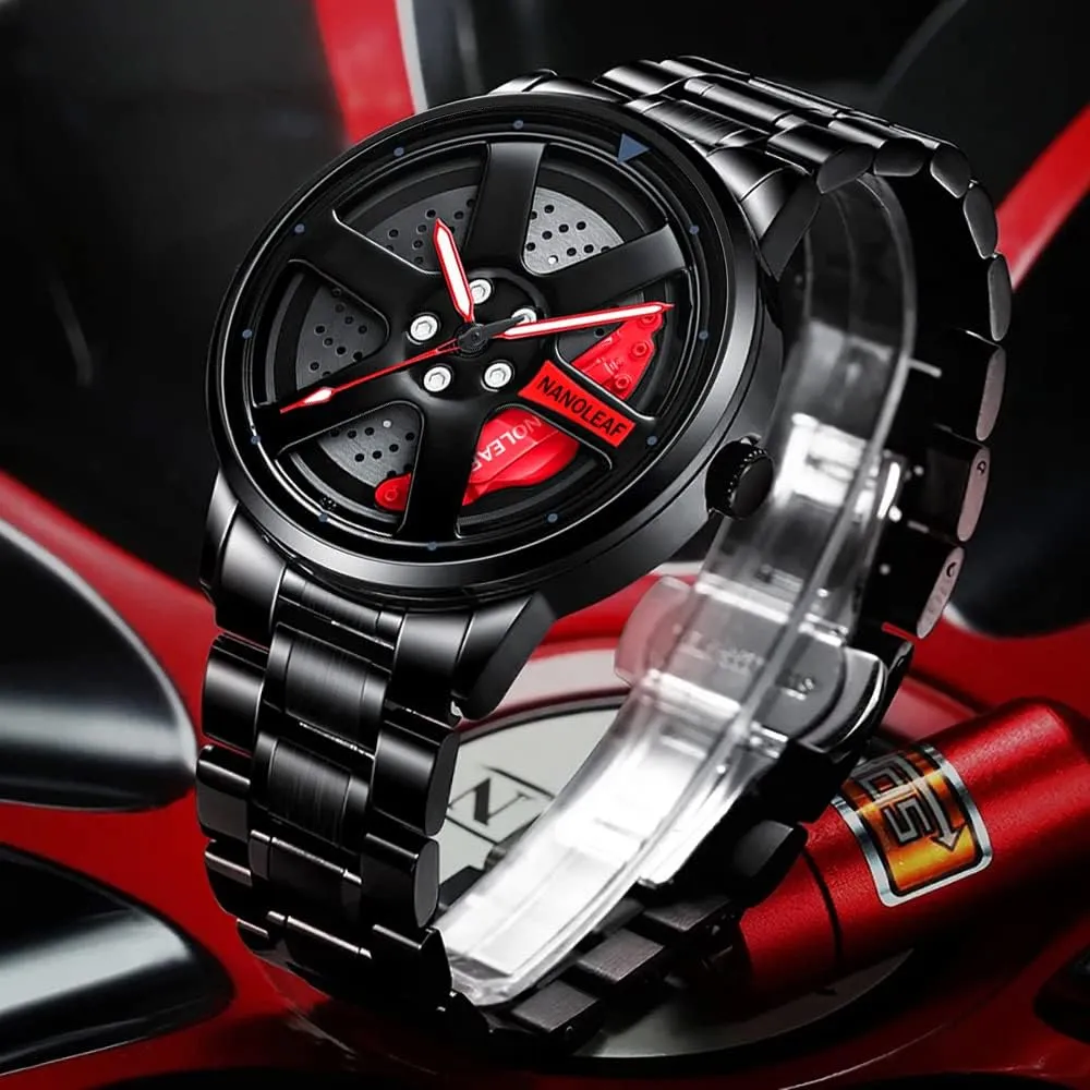 Watch for Men with Quartz Movement Spinning Car Wheel Rim Hub Stainless Steel Luminous Pointer Waterproof Sport Casual Wristwatch