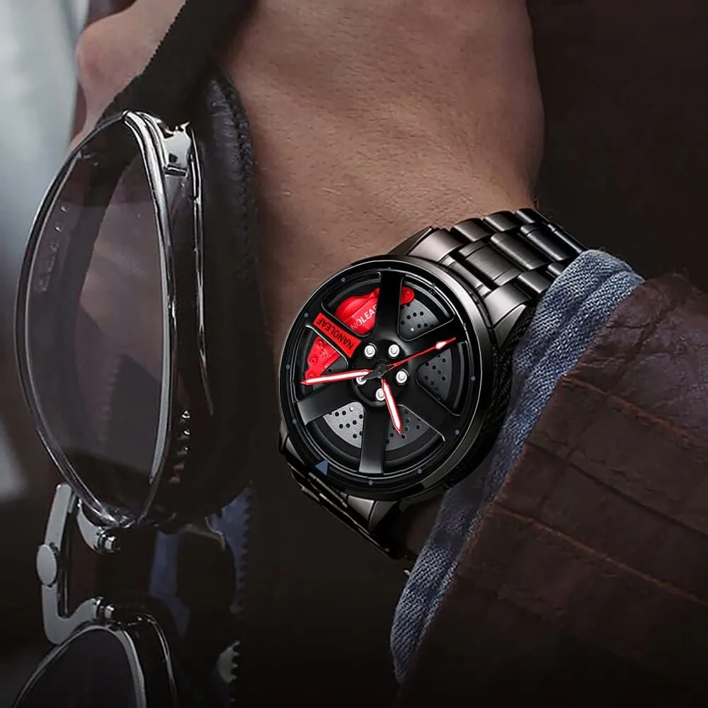 Watch for Men with Quartz Movement Spinning Car Wheel Rim Hub Stainless Steel Luminous Pointer Waterproof Sport Casual Wristwatch