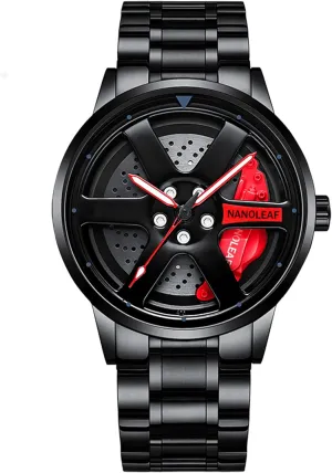 Watch for Men with Quartz Movement Spinning Car Wheel Rim Hub Stainless Steel Luminous Pointer Waterproof Sport Casual Wristwatch