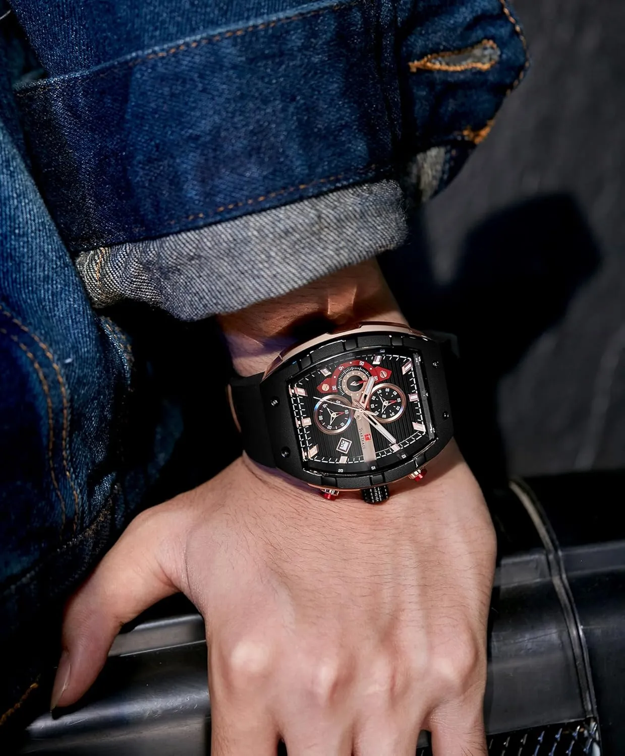 Watches for Men Analog Quartz Waterproof Sport Men’s Watch Tonneau Chronograph Luminous Fashionable Unique Casual Watch with Silicone Strap
