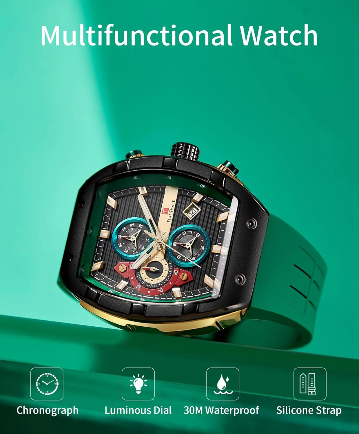 Watches for Men Analog Quartz Waterproof Sport Men’s Watch Tonneau Chronograph Luminous Fashionable Unique Casual Watch with Silicone Strap