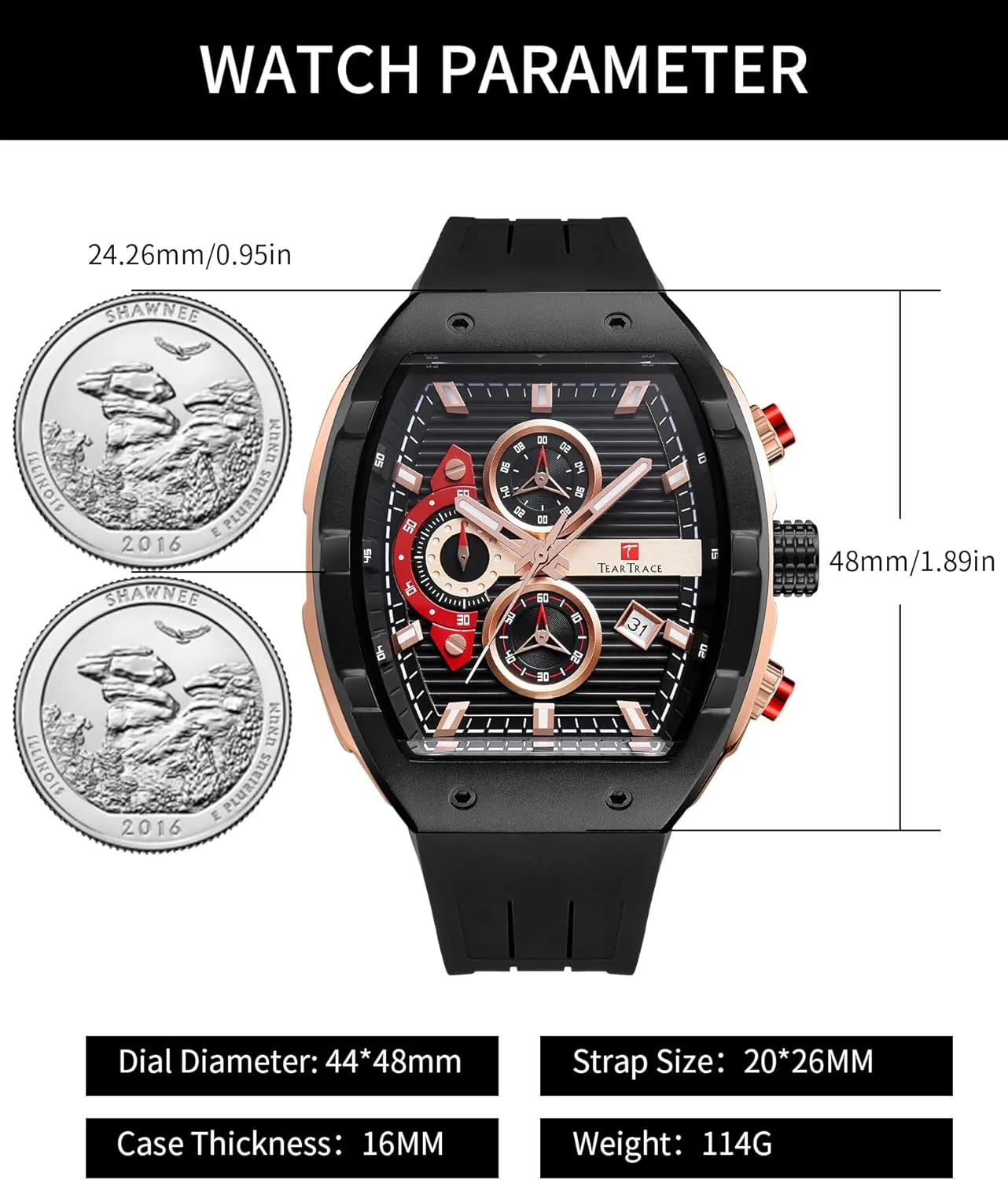 Watches for Men Analog Quartz Waterproof Sport Men’s Watch Tonneau Chronograph Luminous Fashionable Unique Casual Watch with Silicone Strap
