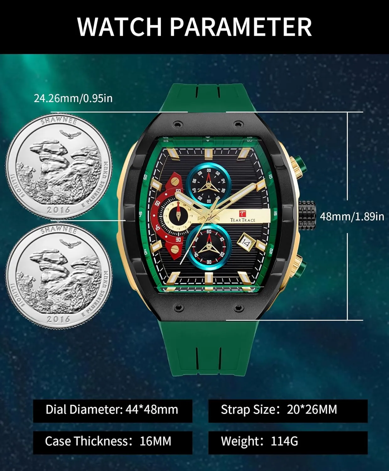 Watches for Men Analog Quartz Waterproof Sport Men’s Watch Tonneau Chronograph Luminous Fashionable Unique Casual Watch with Silicone Strap