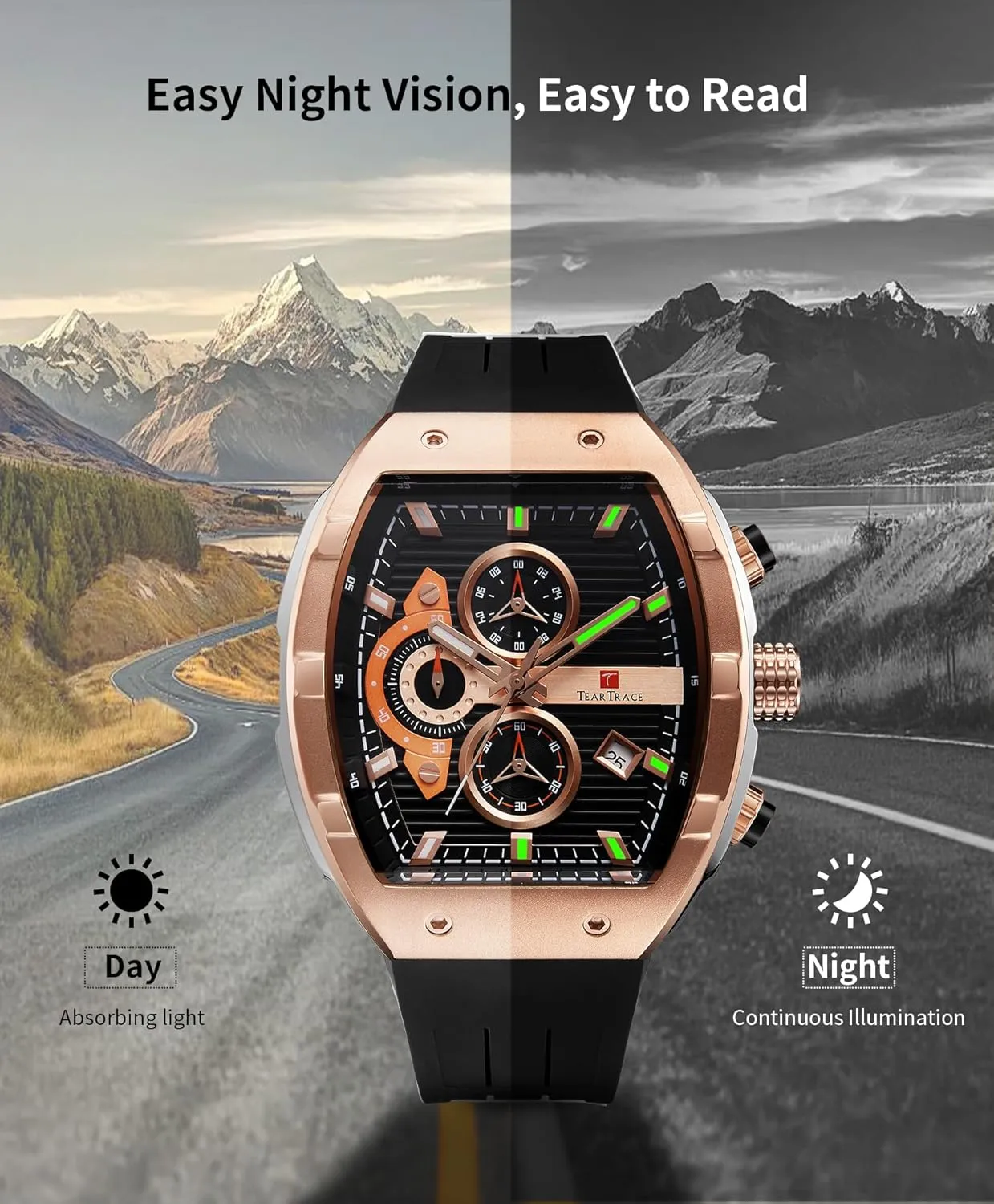 Watches for Men Analog Quartz Waterproof Sport Men’s Watch Tonneau Chronograph Luminous Fashionable Unique Casual Watch with Silicone Strap