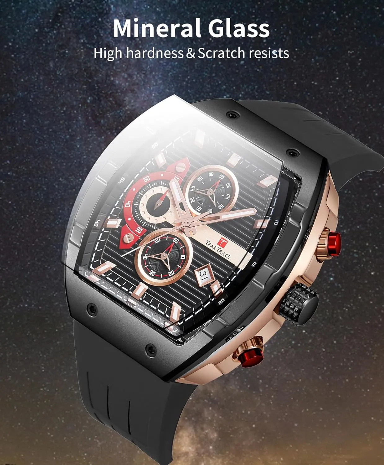 Watches for Men Analog Quartz Waterproof Sport Men’s Watch Tonneau Chronograph Luminous Fashionable Unique Casual Watch with Silicone Strap