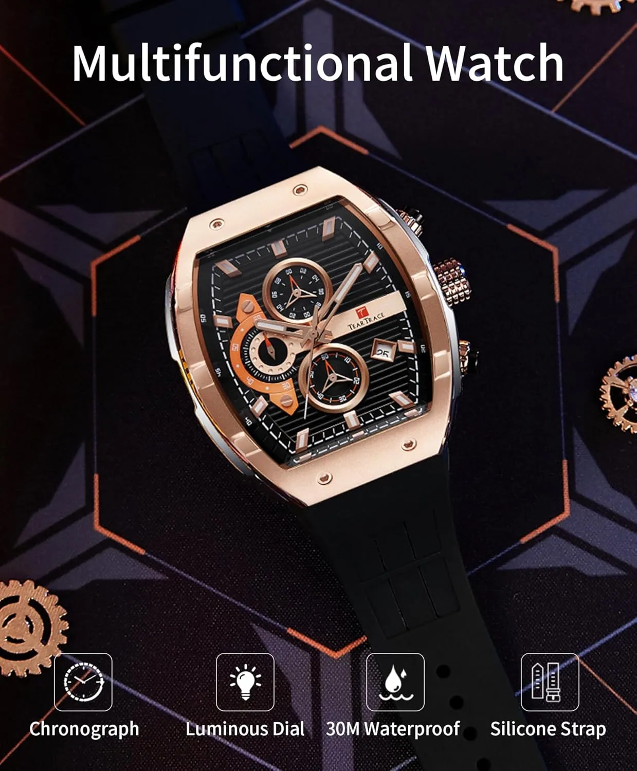 Watches for Men Analog Quartz Waterproof Sport Men’s Watch Tonneau Chronograph Luminous Fashionable Unique Casual Watch with Silicone Strap