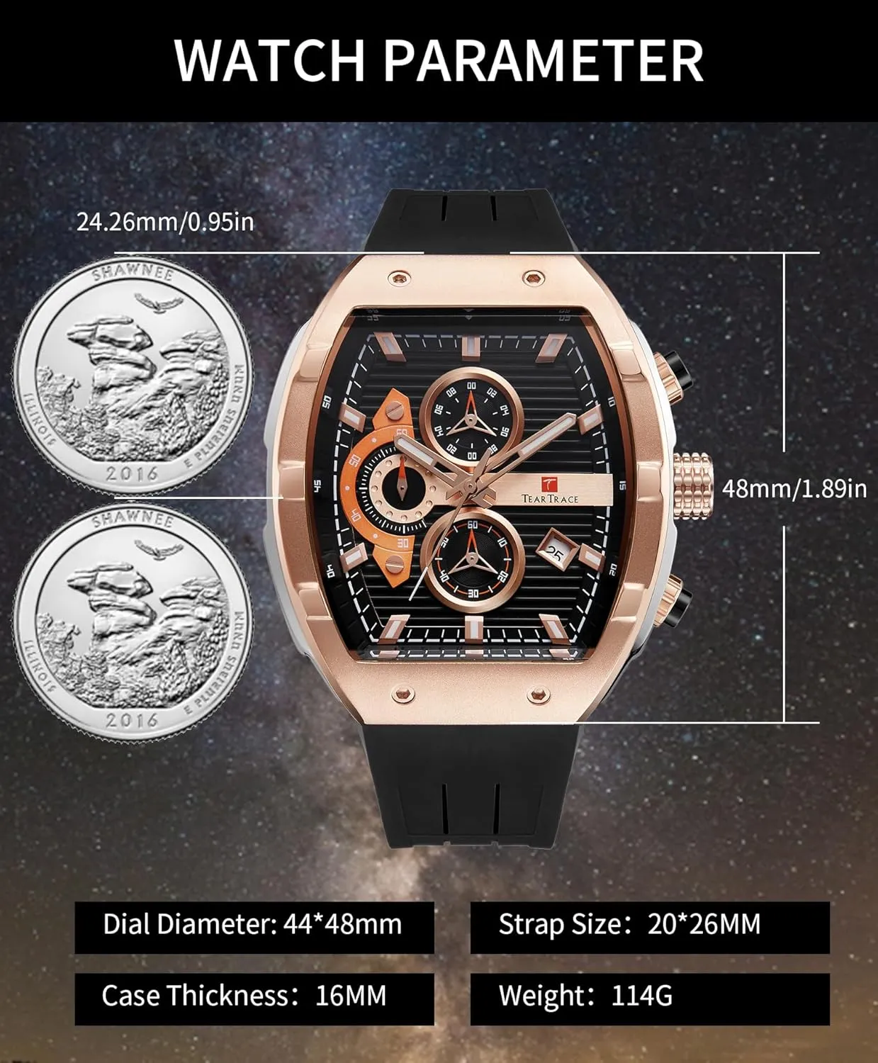 Watches for Men Analog Quartz Waterproof Sport Men’s Watch Tonneau Chronograph Luminous Fashionable Unique Casual Watch with Silicone Strap
