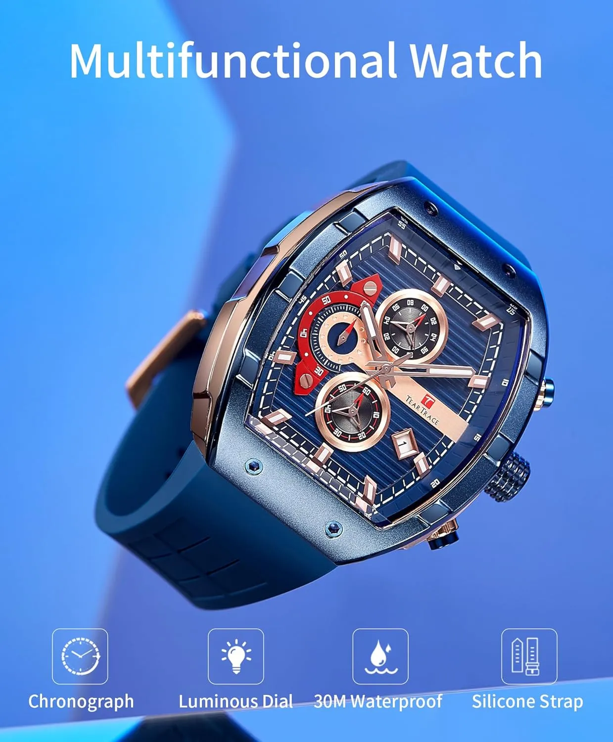 Watches for Men Analog Quartz Waterproof Sport Men’s Watch Tonneau Chronograph Luminous Fashionable Unique Casual Watch with Silicone Strap