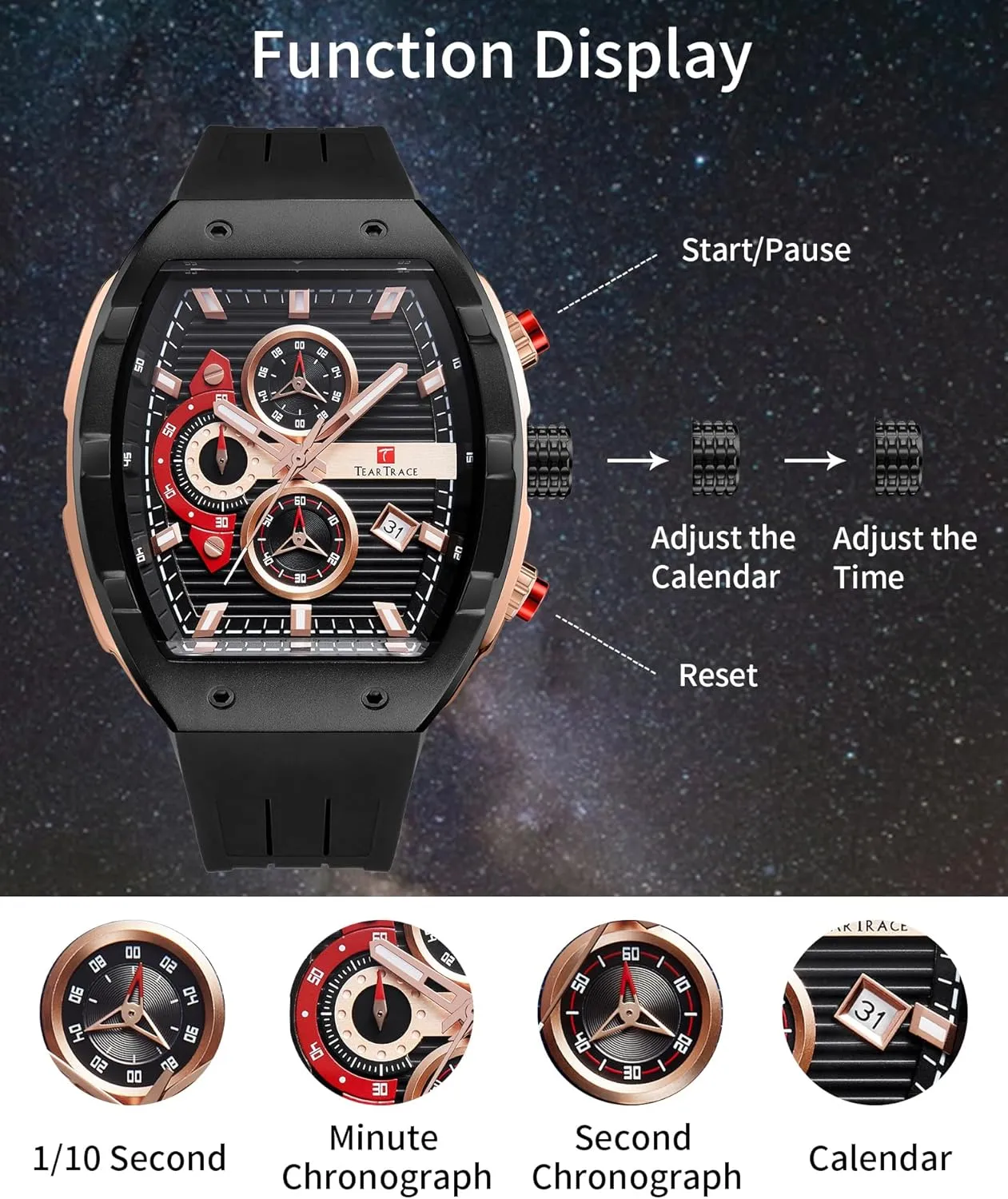 Watches for Men Analog Quartz Waterproof Sport Men’s Watch Tonneau Chronograph Luminous Fashionable Unique Casual Watch with Silicone Strap