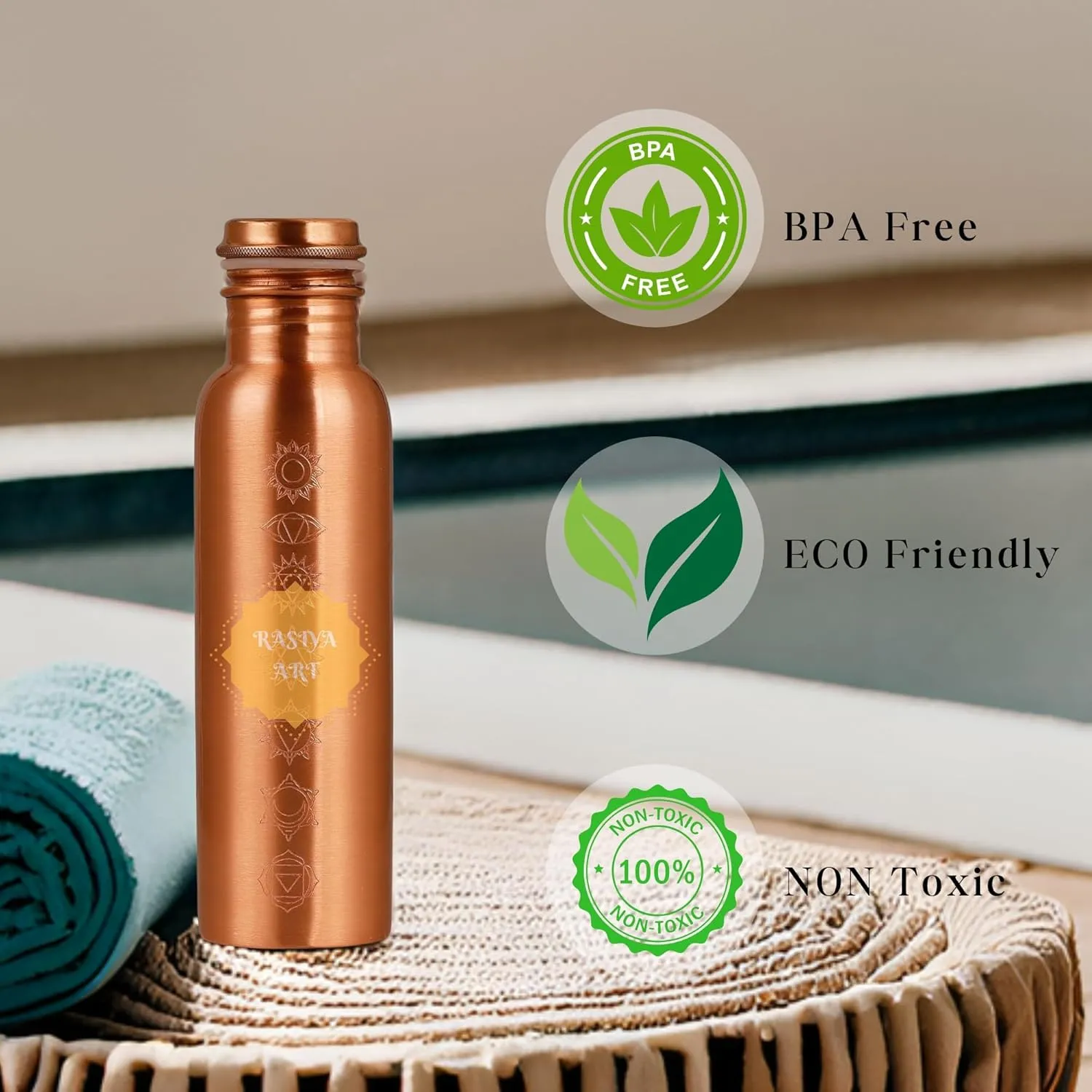 Water Bottle - 32 oz - BPA Free Non-Insulated Jointless Leakproof Durable Pure Copper Metal Bottles for Sports and Travel