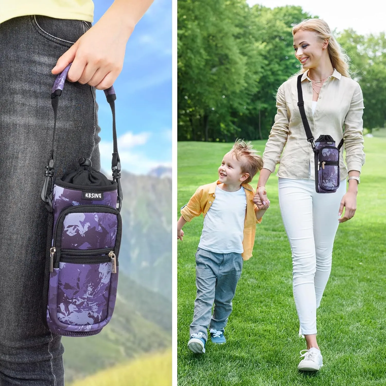 Water Bottle Carrier Holder Sling Bag Sleeve 25oz 32oz Crossbody Water Bottle Case Cover with Strap Pockets for Men/Women Walking Hiking Camping (25 oz, BS25-05)