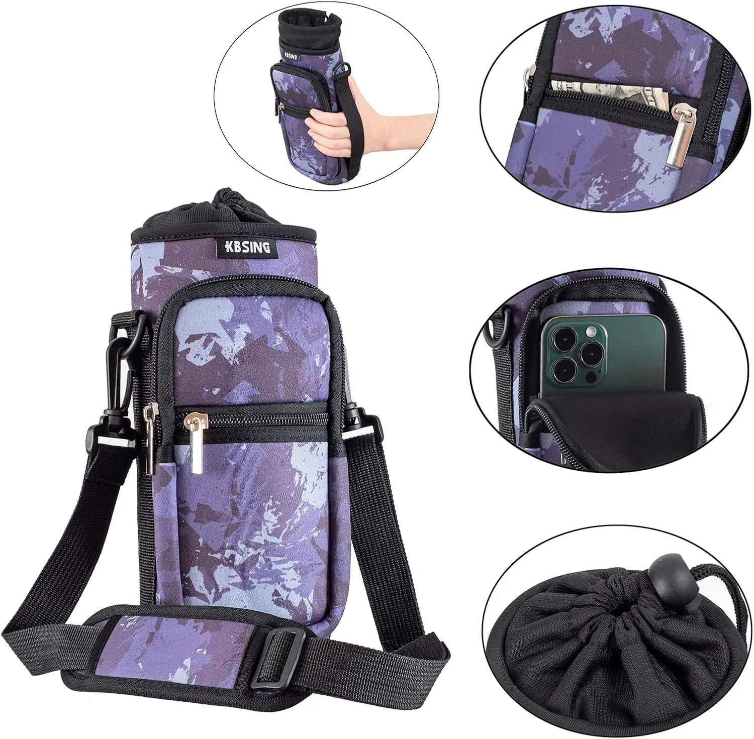 Water Bottle Carrier Holder Sling Bag Sleeve 25oz 32oz Crossbody Water Bottle Case Cover with Strap Pockets for Men/Women Walking Hiking Camping (25 oz, BS25-05)