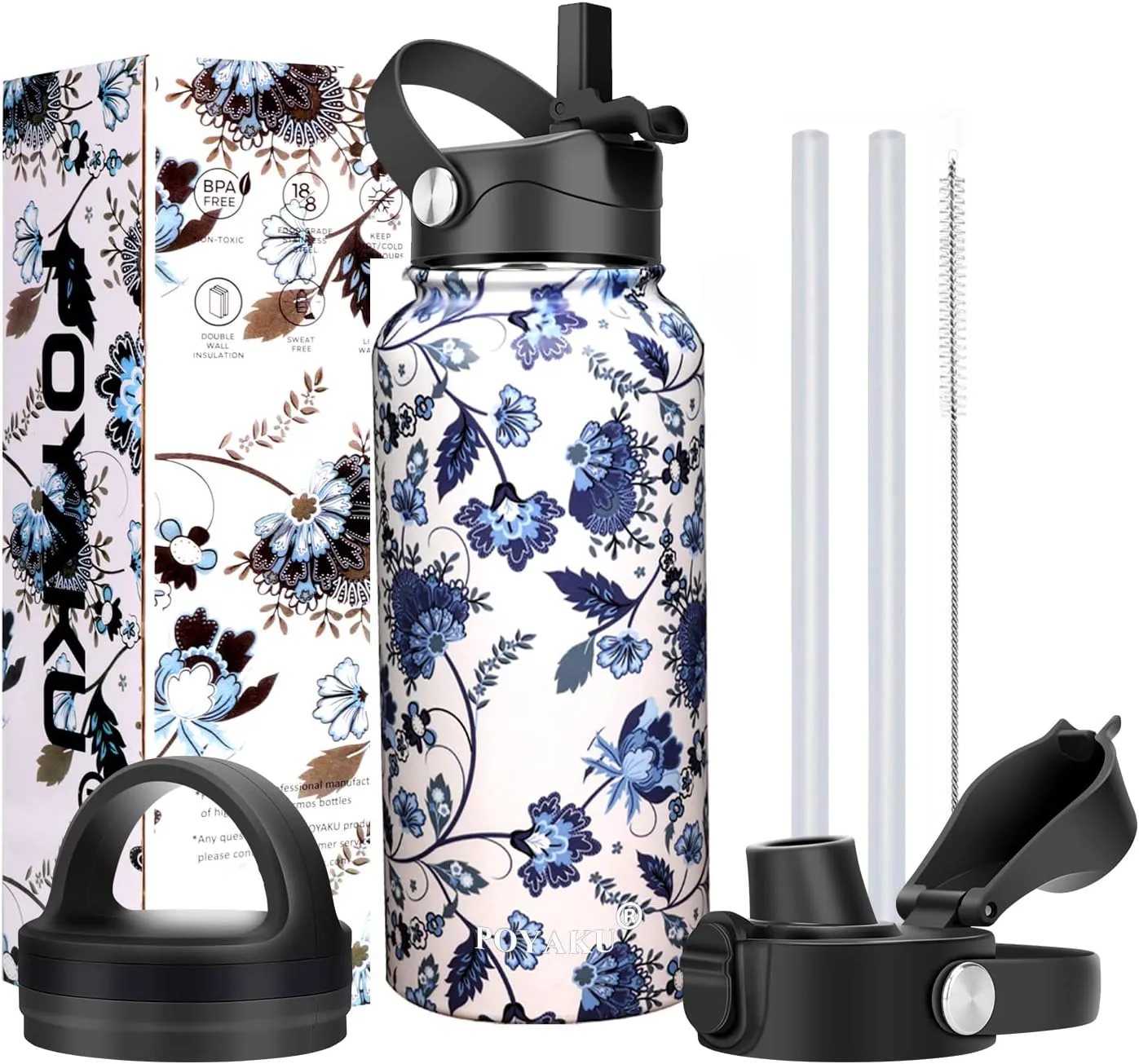 Water Bottle Insulated 32oz 40oz 64oz 128oz Straw Lid Spout Lid & 3 Lids, Leak Proof, Vacuum Insulated,Stainless Steel Water Bottle Wide Mouth for Sports, Gym or Office